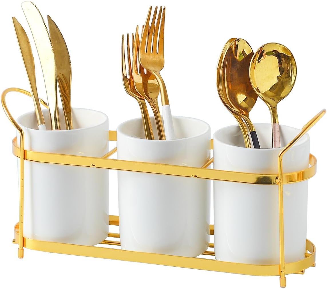 3 Pzas Cubiertos Cerámica Blanca Soporte Mesa Cocina