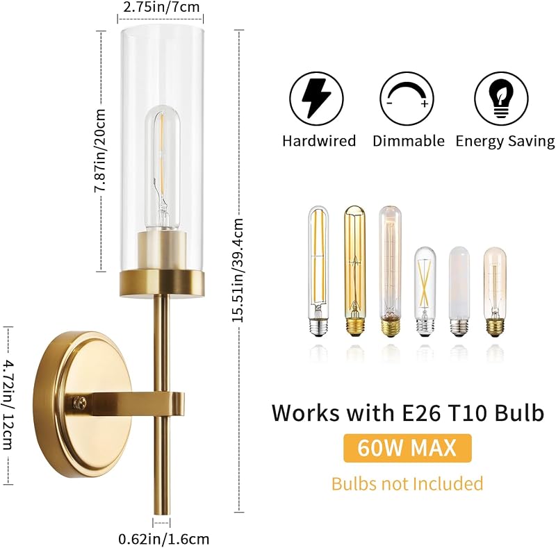 2 Apliques Pared Dorado Luces Tocador Vidrio Transparente