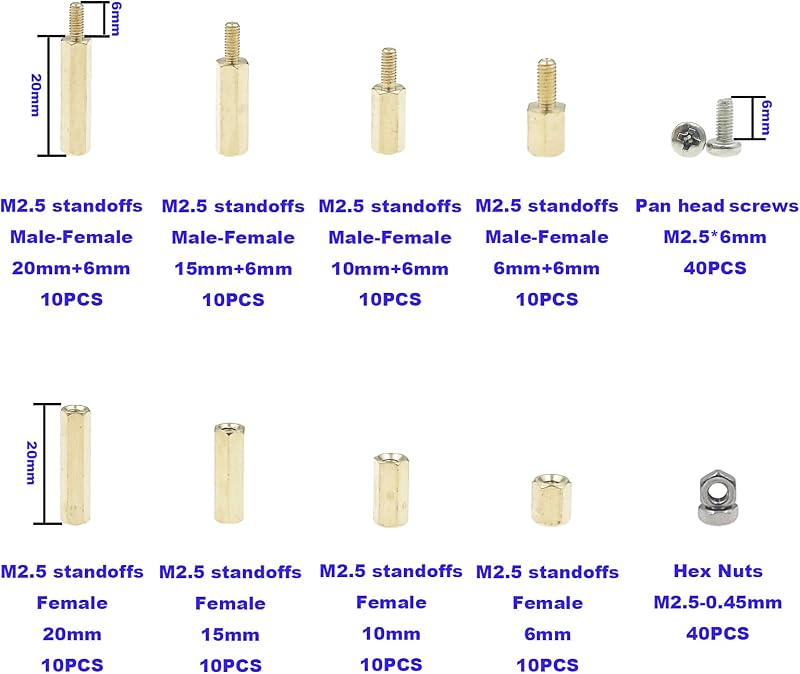 Separador M2.5 latón 160pzas kit tornillos inox