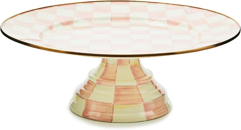 Plato pedestal esmaltado redondo color rosa y blanco