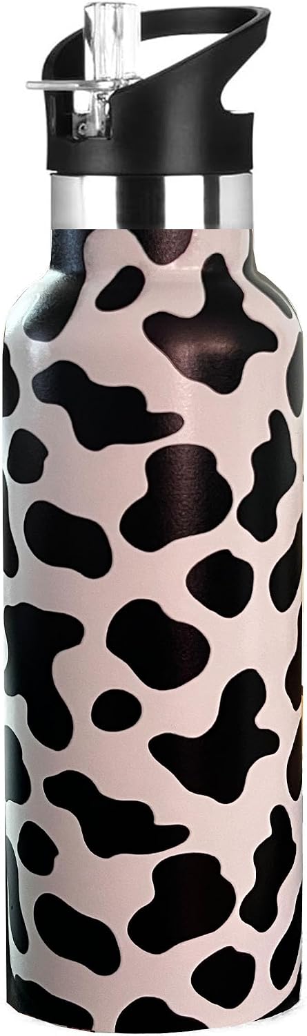 Botella agua niños popote acero inox 20oz estampado vaca