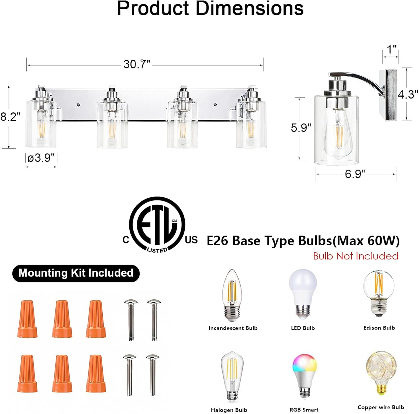 Lámpara baño 4 luces cromadas modernas sobre espejo