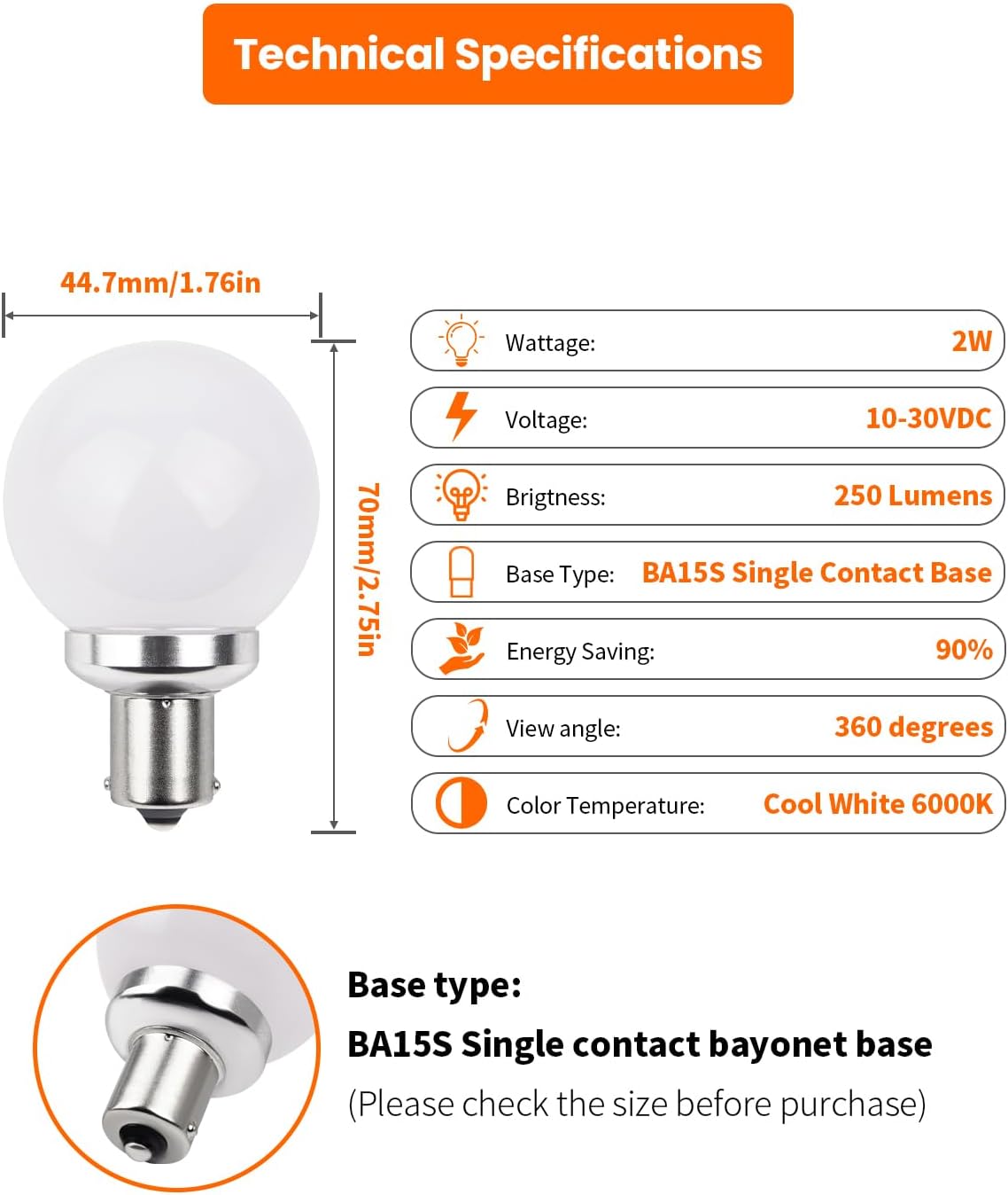4 Bombillas LED BA15S 12V para RV cámper 2W blanco frío