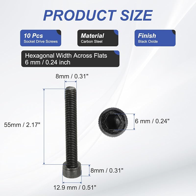 10 Pzas Tornillos M8x55mm Acero Carbono Negro