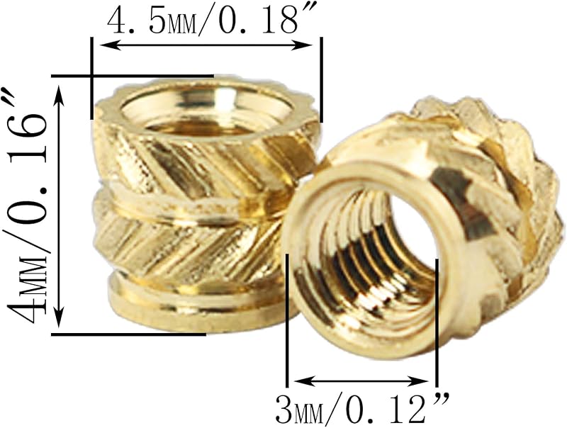 100 Pzas Tuercas M3x4x4.5 Latón Insertos Calor Amarillo