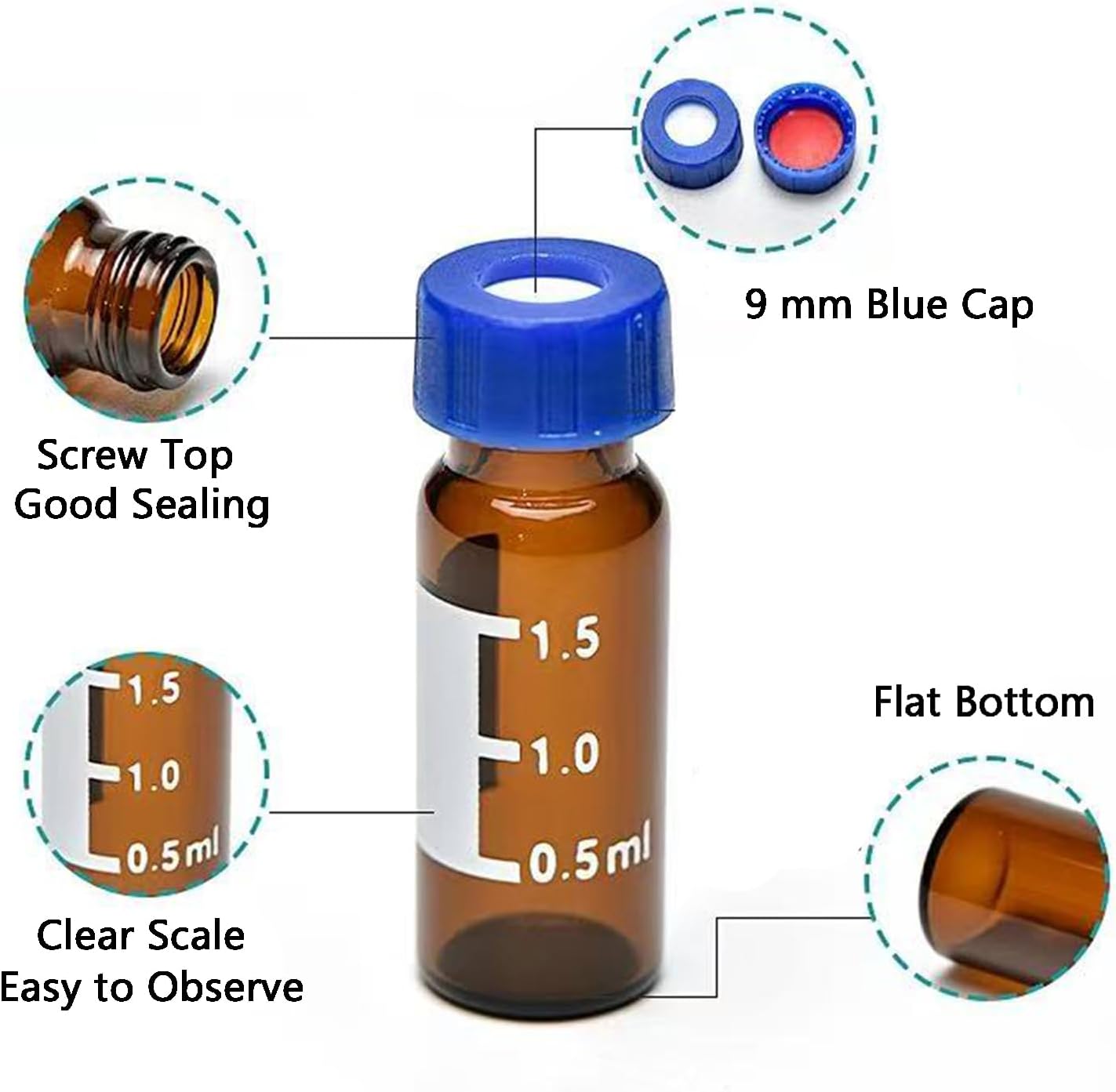 Viales HPLC ámbar 9-425 con tapa PTFE y septa roja