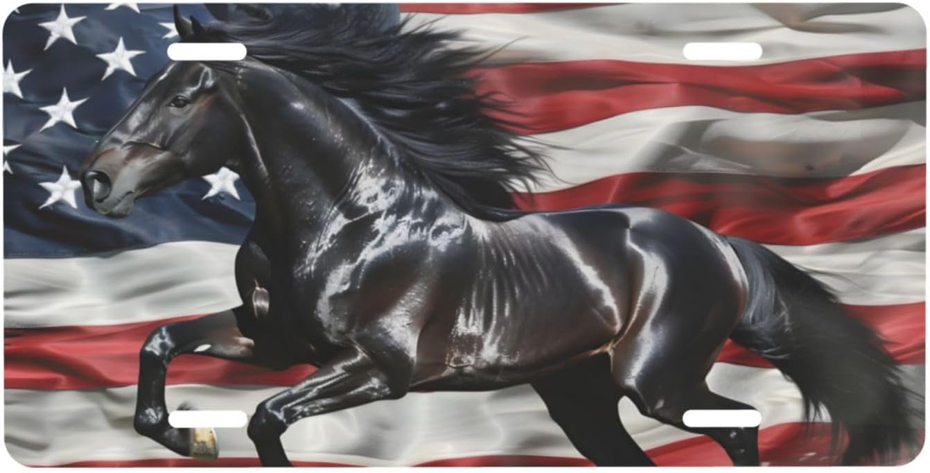 Placa matrícula aluminio caballo negro bandera americana