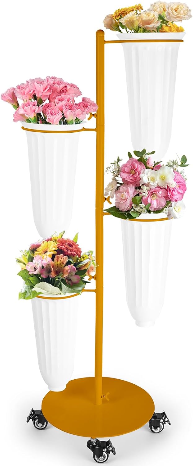 Soporte barra flores metal 4 cubos ruedas bodas eventos dorado