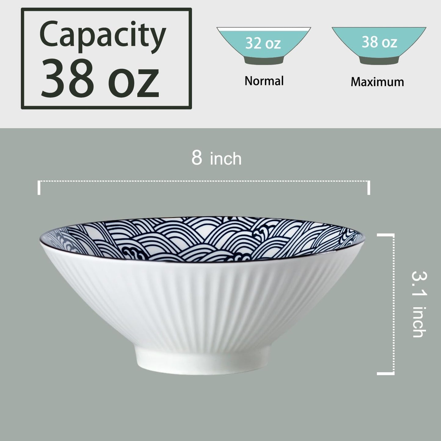 6 Pzas Cuencos Cerámica Ramen 8pulg Azul y Blanco