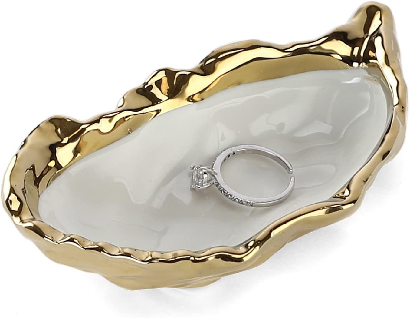 Plato cerámica dorada para anillos de ostra y joyas