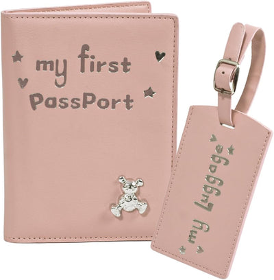 Funda pasaporte bebé con etiqueta equipaje rosa para niños