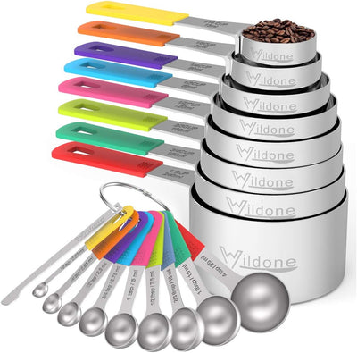 Set 18 Tazas y Cucharas Medidoras Acero Inox 8+9+1