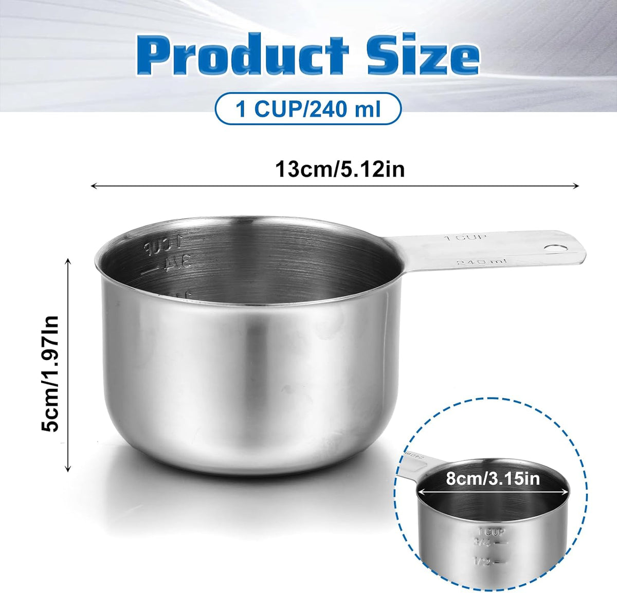 Taza medir acero inox 8.1oz con mango para cocinar