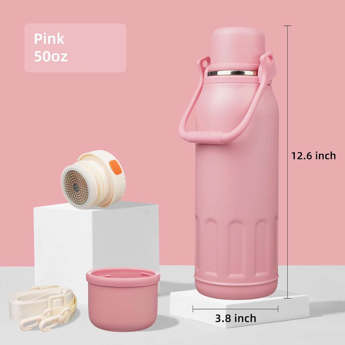Botella agua aislada asa correa 50oz rosa