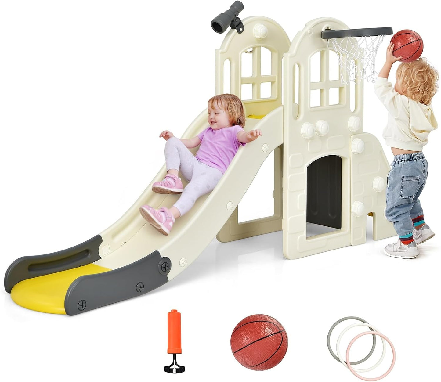 Tobogán 6en1 para niños con aro baloncesto y escalada
