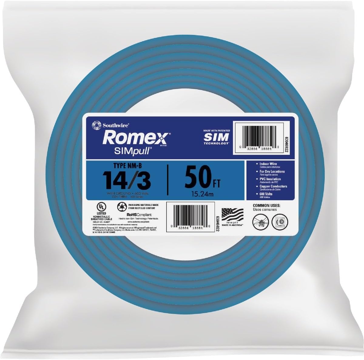 Cable NMB 14/3 W/G Romex 50pies interior color blanco