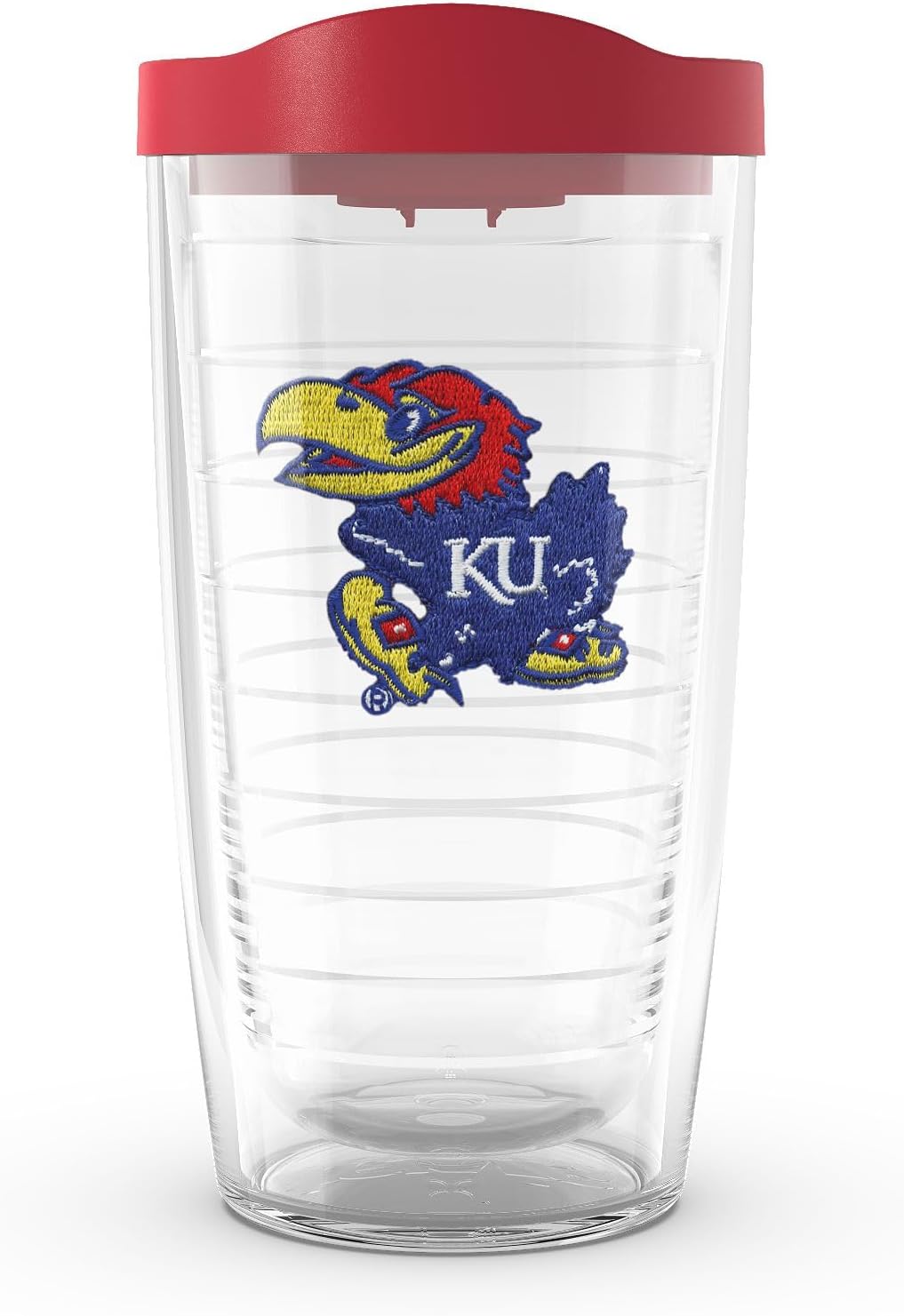 Vaso con logotipo Jayhawks tapa roja 16oz transparente