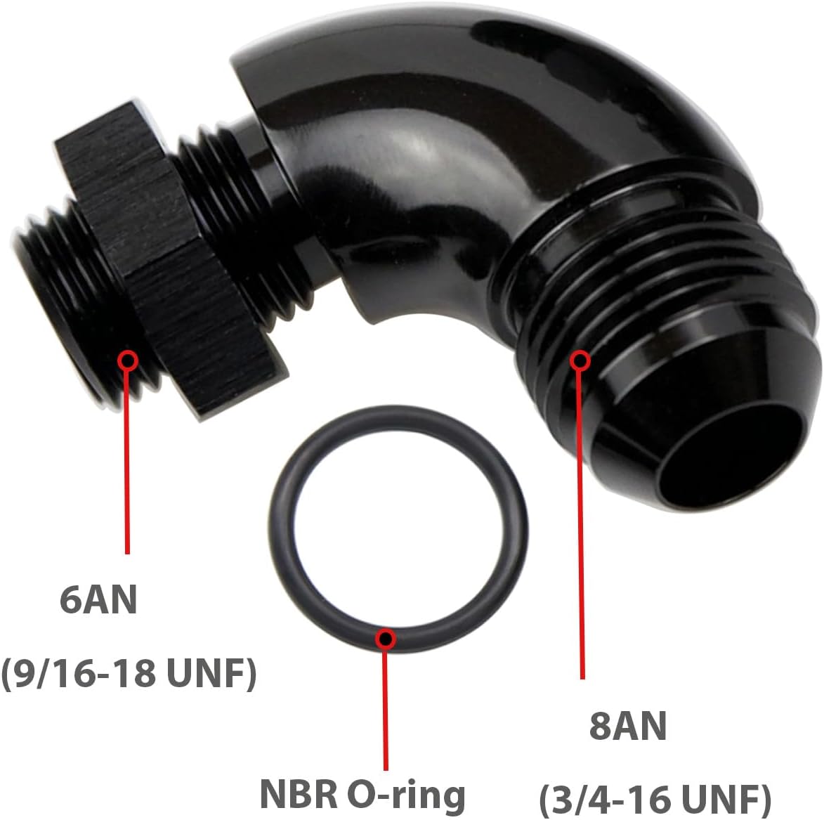 Adaptador 8AN a 6AN ORB 90 grados aluminio negro