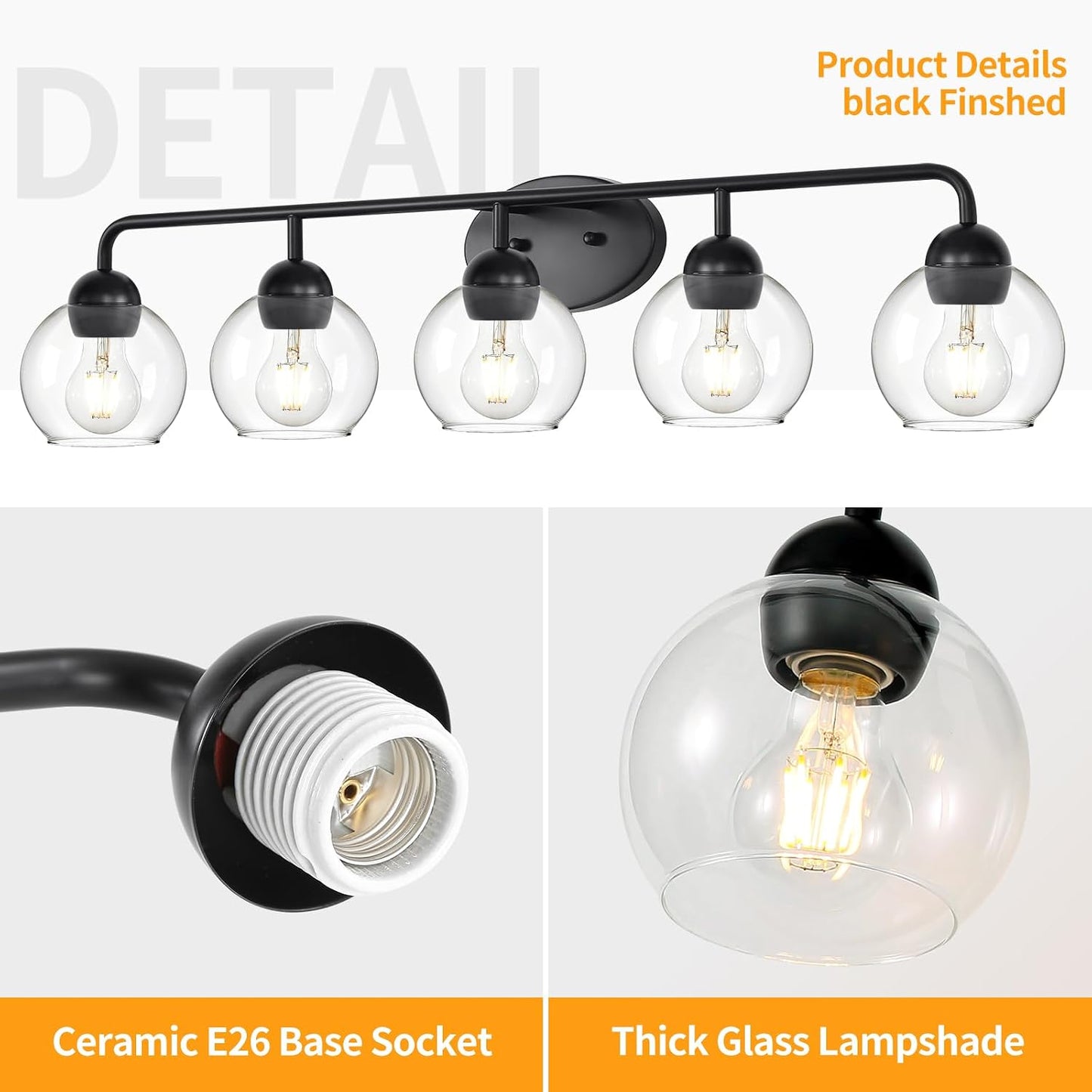 Lámpara baño negra 5 luces cristal globo E26