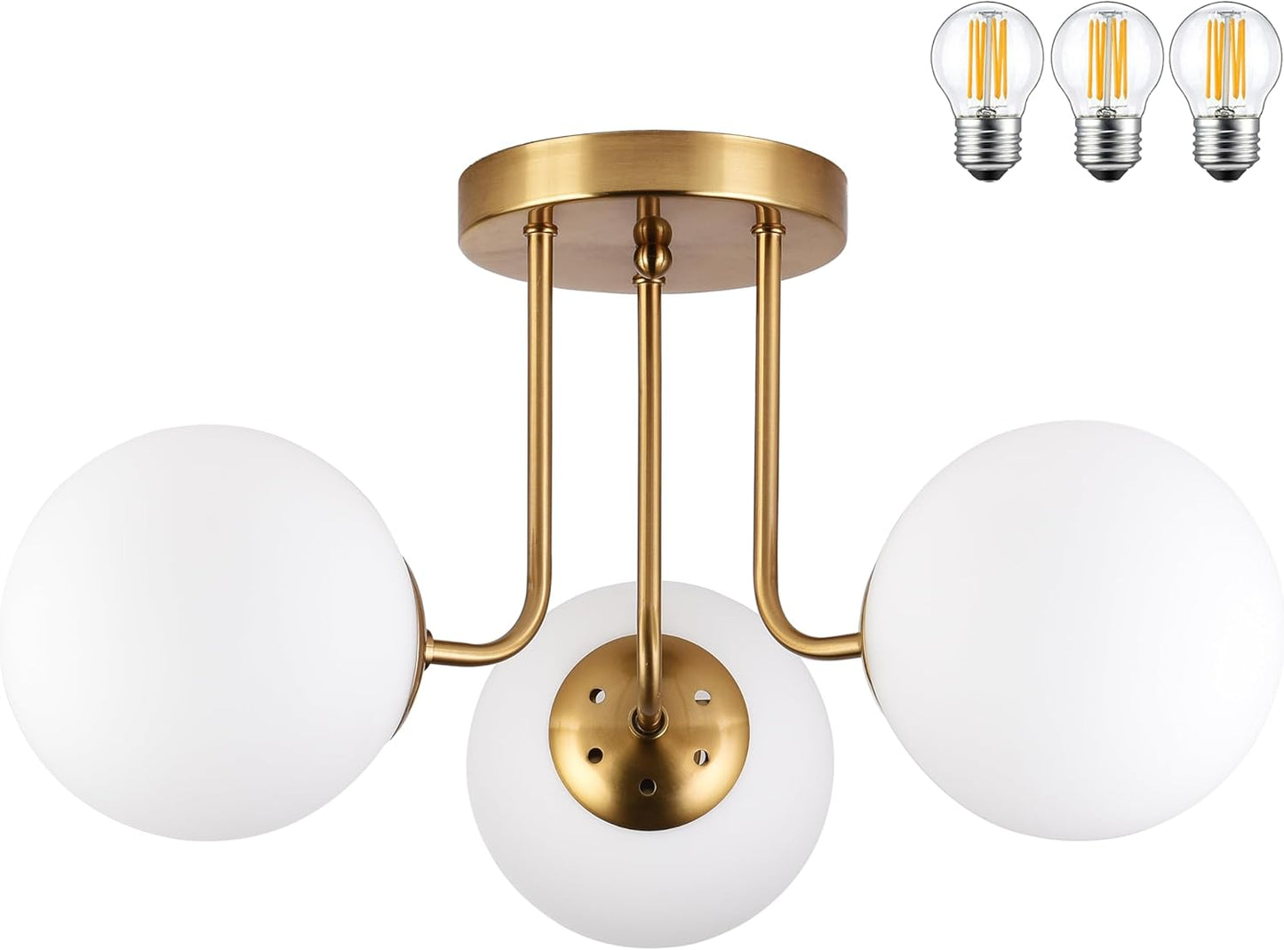 Lámpara techo 3 luces globo vidrio opalo latón cepillado