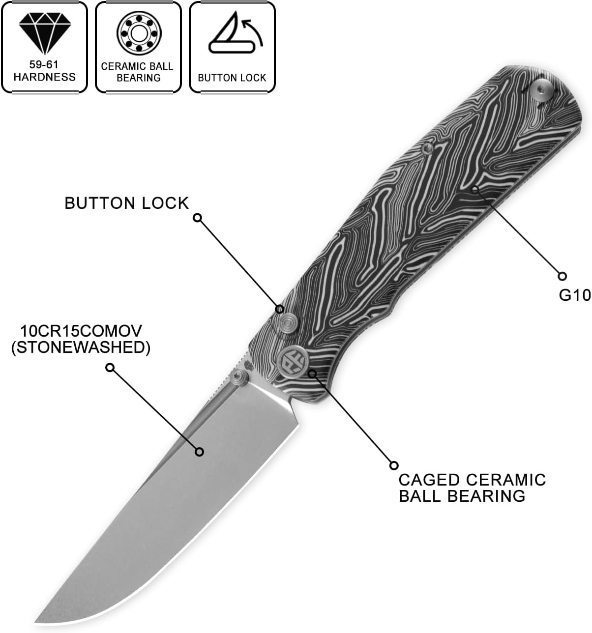 Cuchillo plegable 3.9pulg acero lavado G10 para acampar EDC