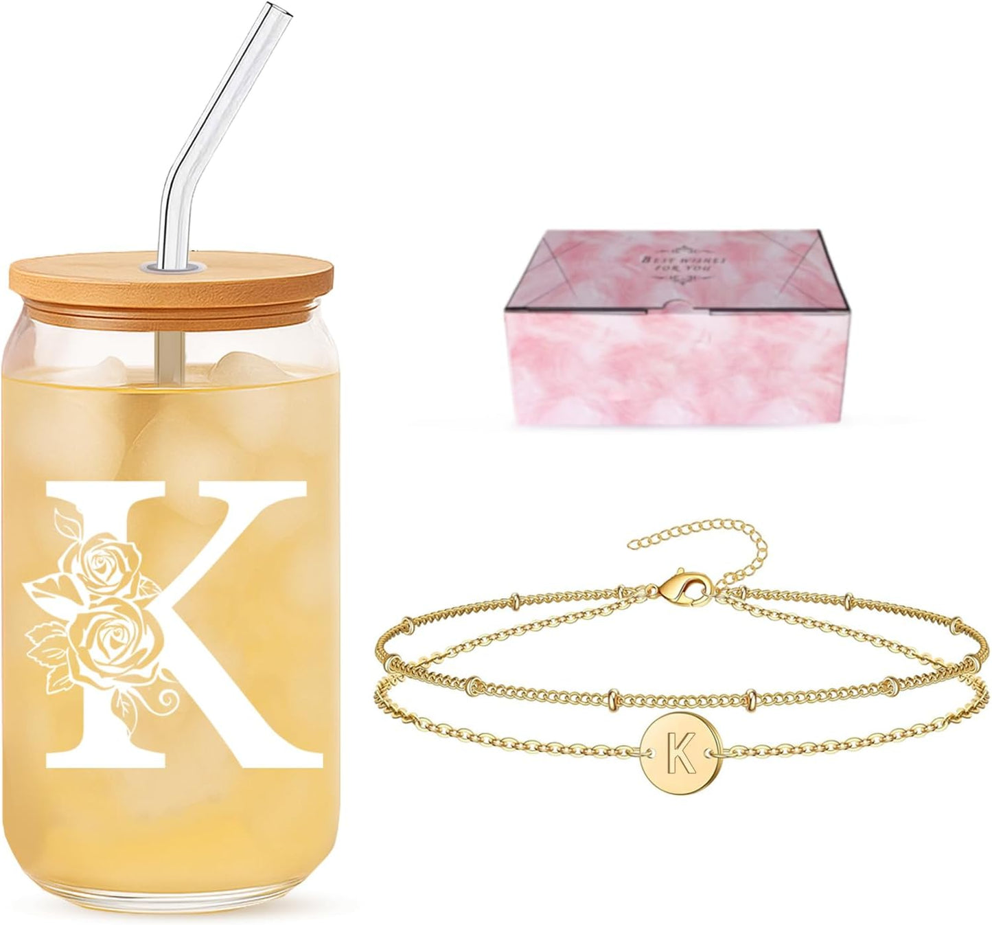 Juego taza cristal con inicial y pulsera para mujer