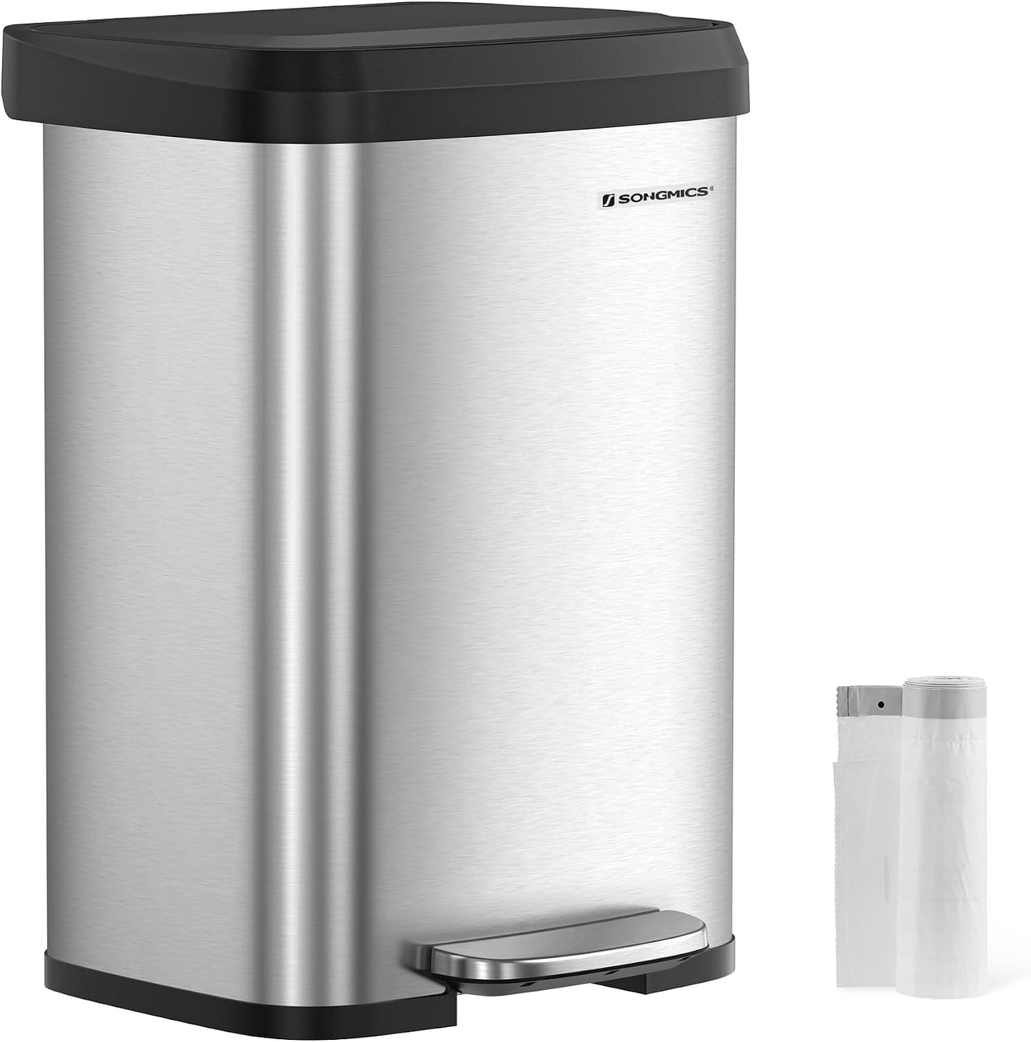 Basurero cocina acero inox 50L pedal plateado y negro