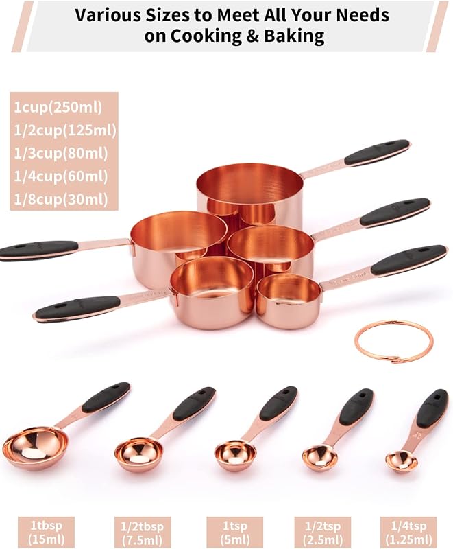 Set 10 Tazas Medidoras Cobre Acero Inox Asa Silicona
