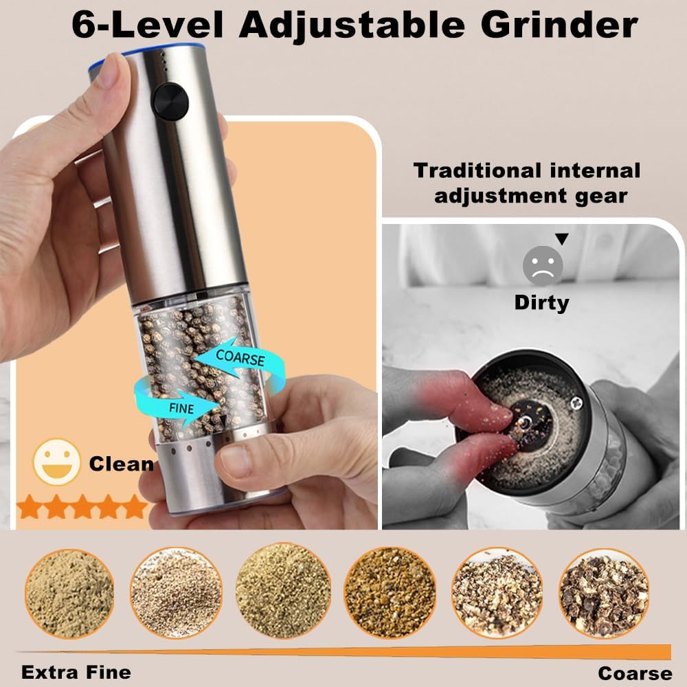 Juego molinillo sal y pimienta eléctrico acero inox LED 6 ajustes