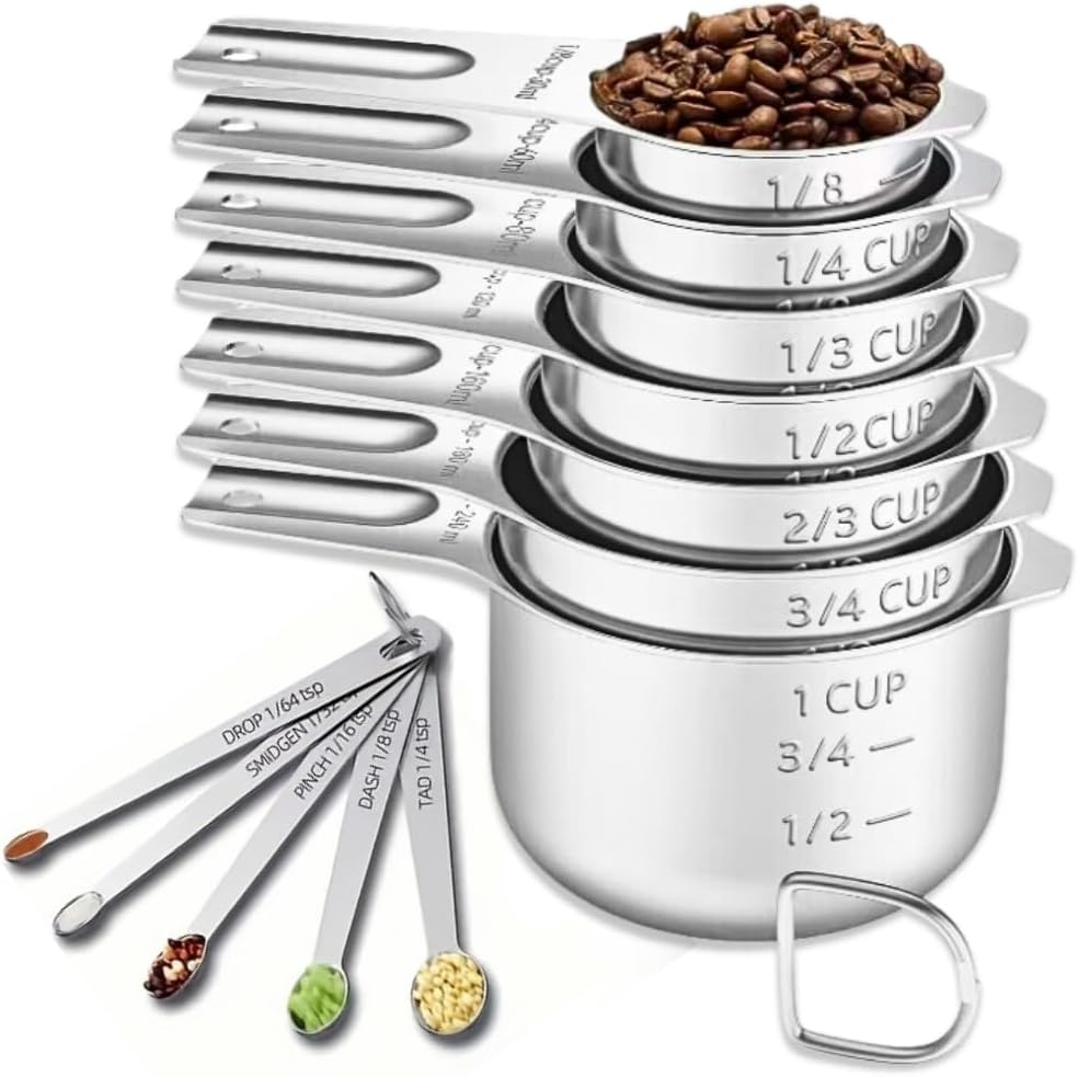 Set 12 Tazas y Cucharas Medidoras Acero Inox para Cocinar