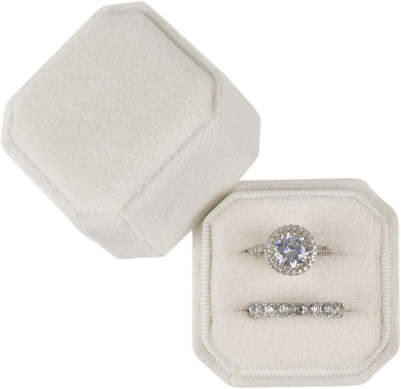Caja terciopelo anillos doble ranura joyería octágono
