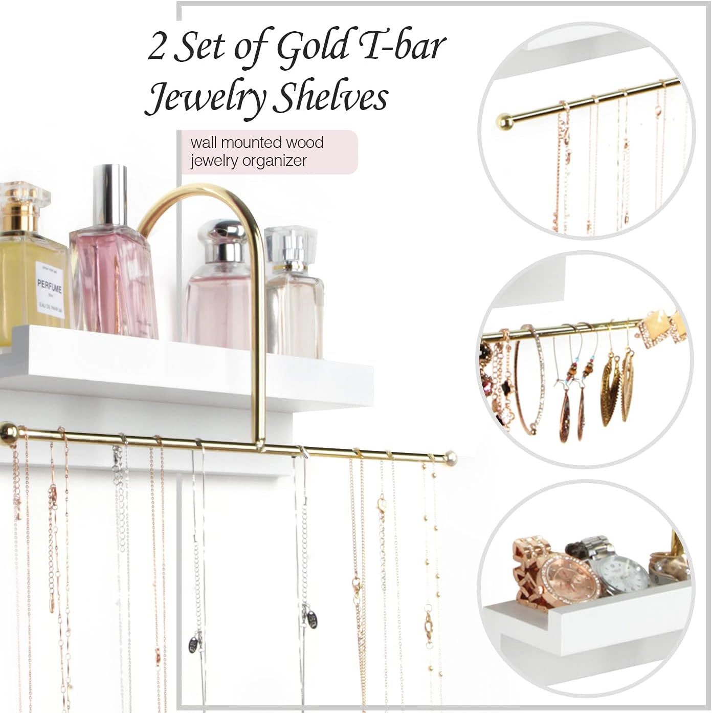Organiz. joyas colgante pared dorado blanco con estante