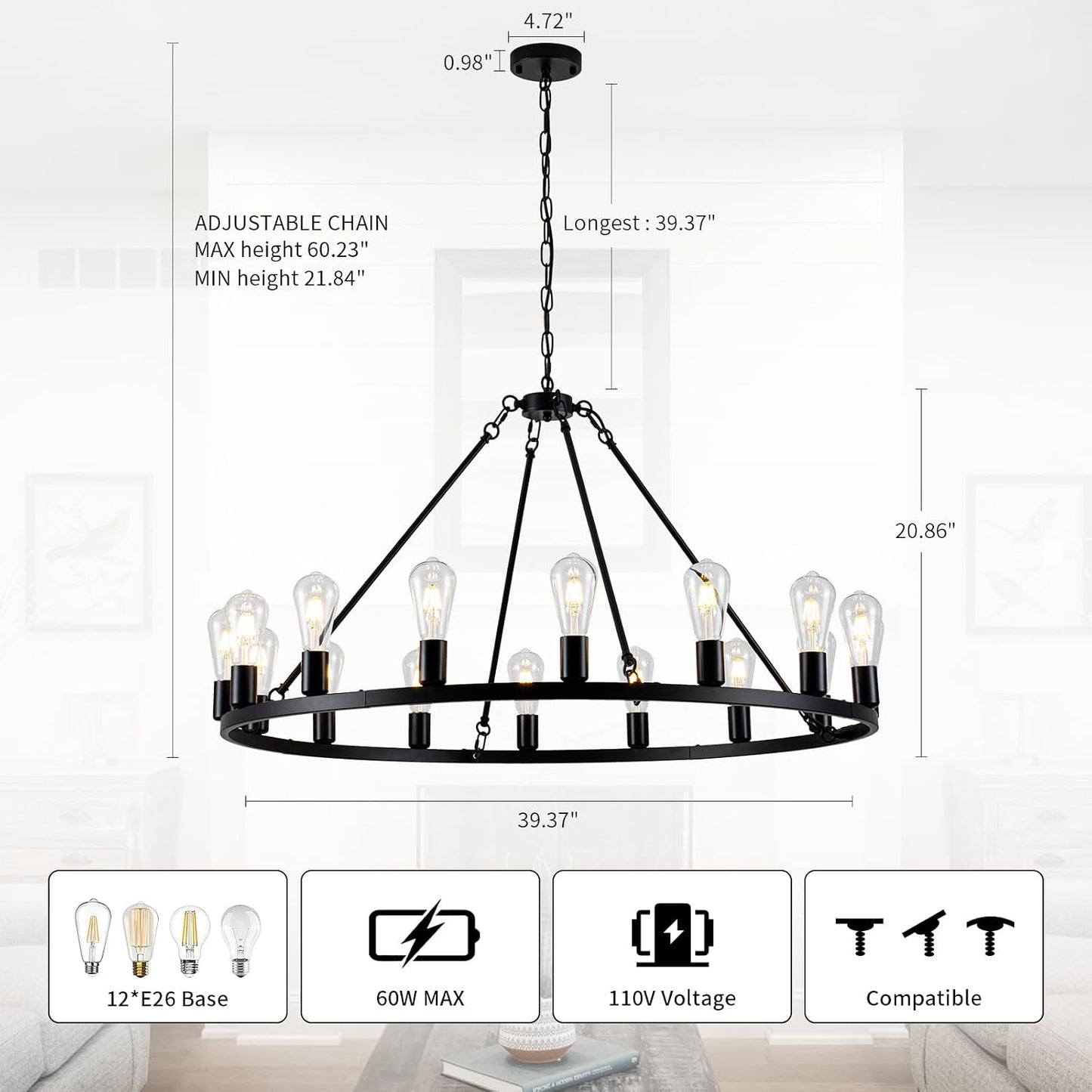 Candelabro 16 luces 40pulg negras lámparas techo rústicas