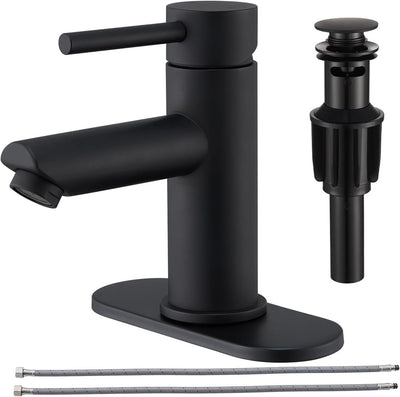 Grifo baño acero inox una manija drenaje desplegable negro mate