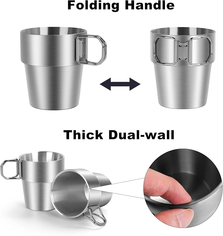 4 Tazas Camping Acero Inox 10oz Doble Pared Plegable