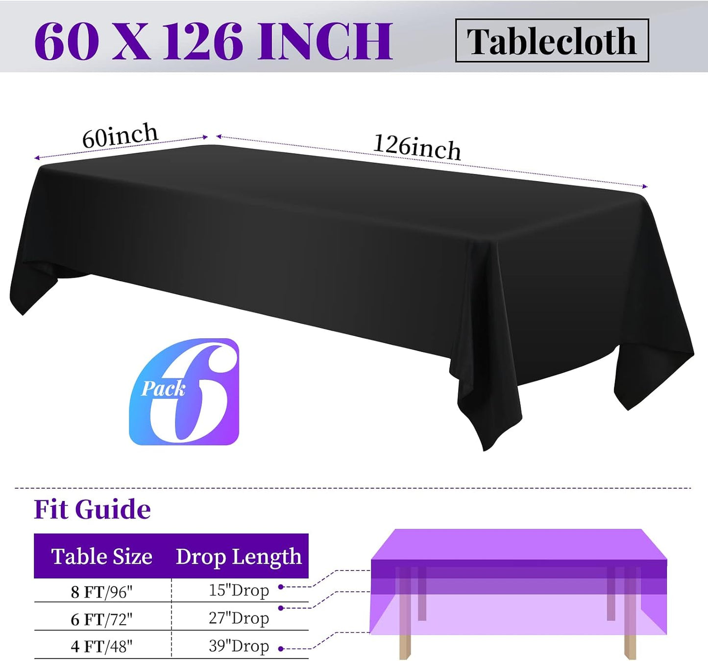 6 Pzas Mantel Rectangular 60x126pulg Poliéster Negro