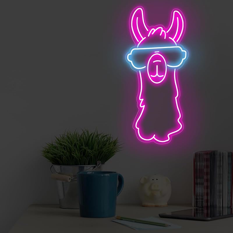 Letrero neón con llama y gafas sol decoración hogar mascotas