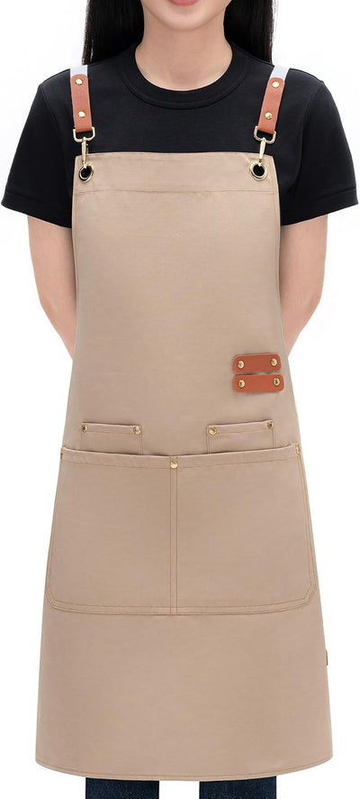 Delantal chef con bolsillos lona algodón espalda cruzada beige