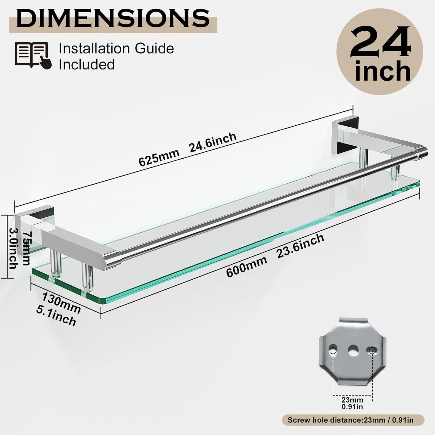 Estante vidrio baño 24pulg acero inox cromado
