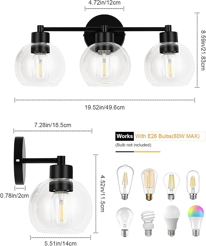 Lámpara baño negra 3 luces vidrio transparente E26