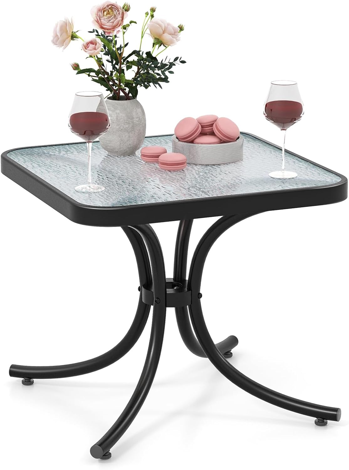 Mesa auxiliar cuadrada 20" vidrio templado metal para jardín