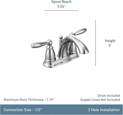 Llave baño arco bajo cromo dos manijas montaje desagüe