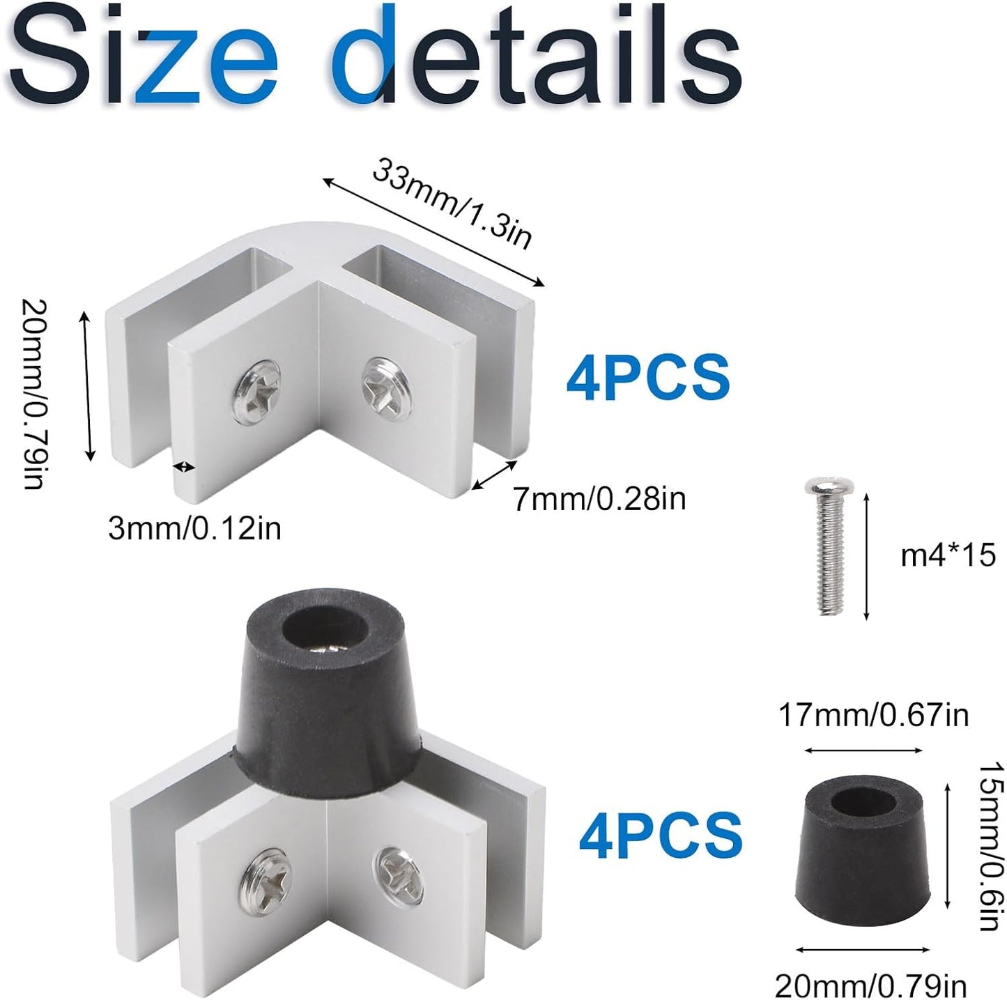 Kit conectores vidrio templado 8 esquinas aluminio goma
