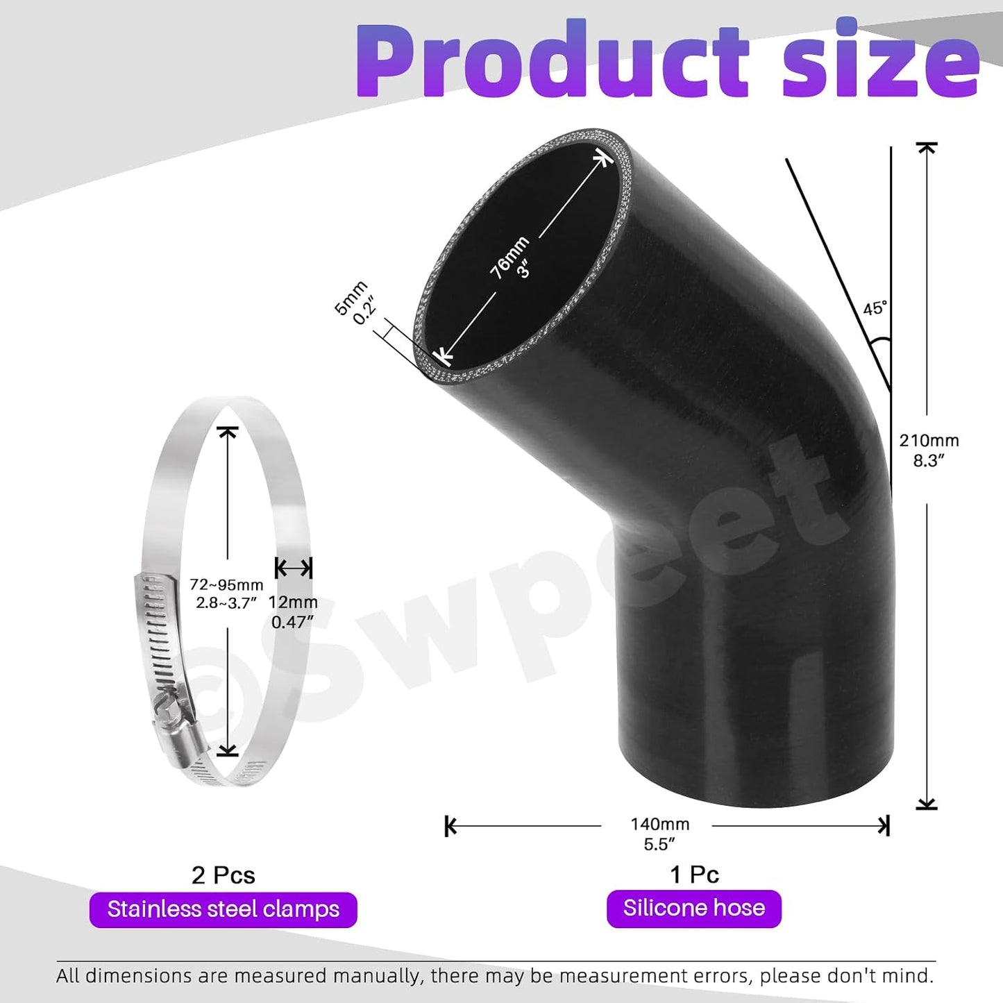 Codo manguera silicona 3" 45grados con abrazadera acero inox