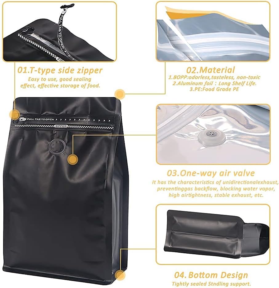 Bolsas café con válvula 16oz aluminio negro 50uds reutiliz.