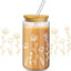 Vaso vidrio 16oz con tapa y pajita bambú flor bohemia