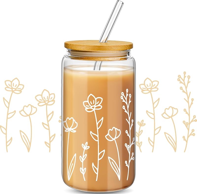 Vaso vidrio 16oz con tapa y pajita bambú flor bohemia
