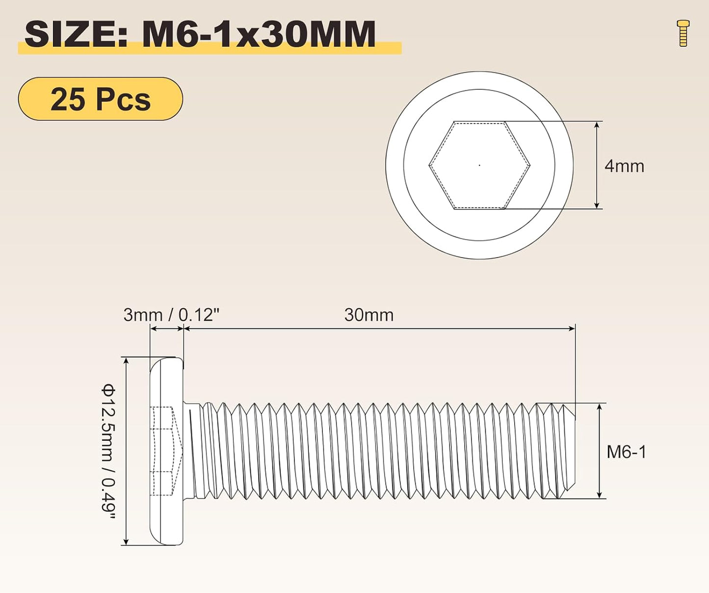 Tornillos hex M6-1x30 acero inox 304 25uds tono plateado