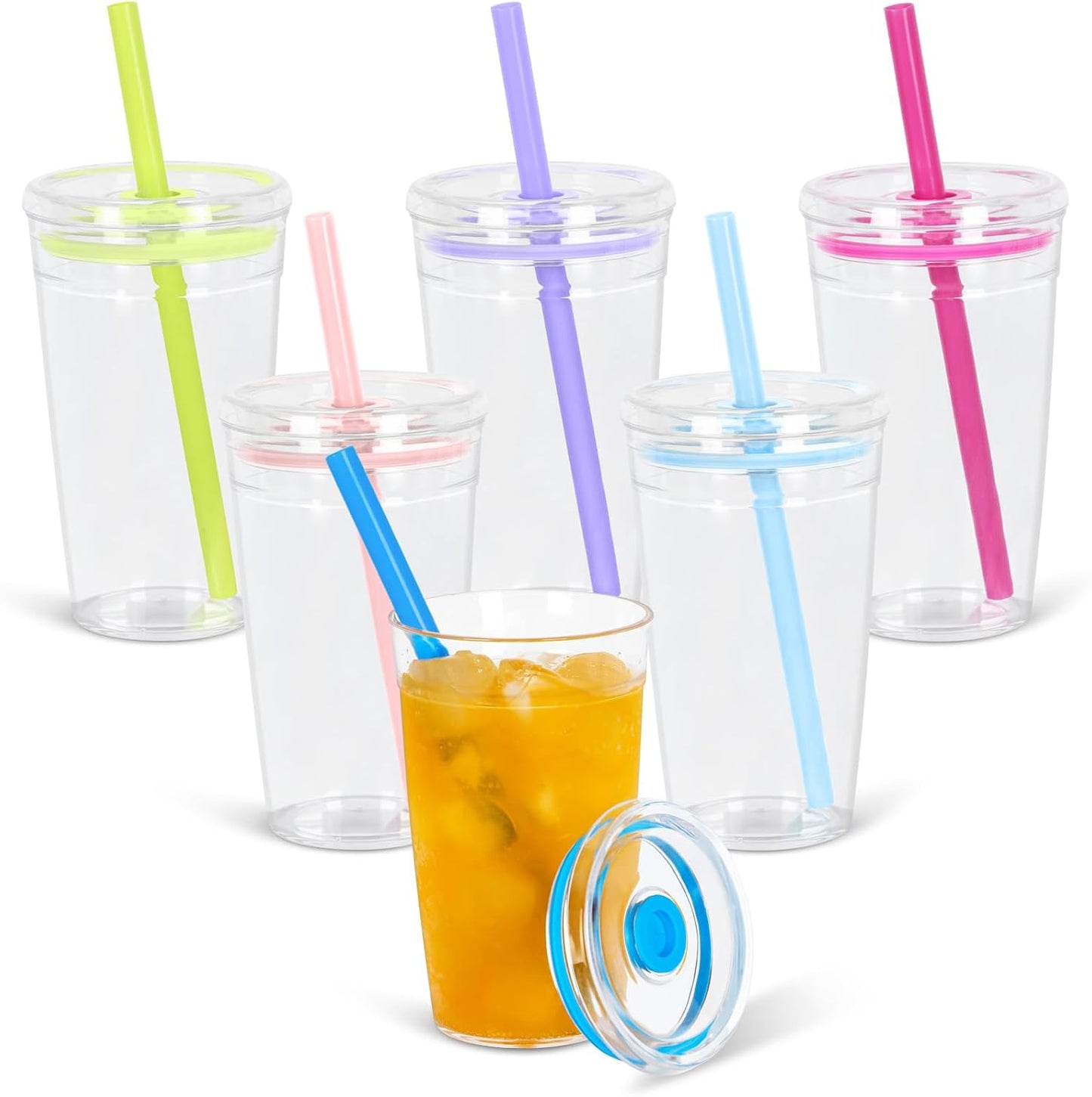 6 Pzas Vaso Acrílico 16oz con Popote Reutiliz. Sin BPA
