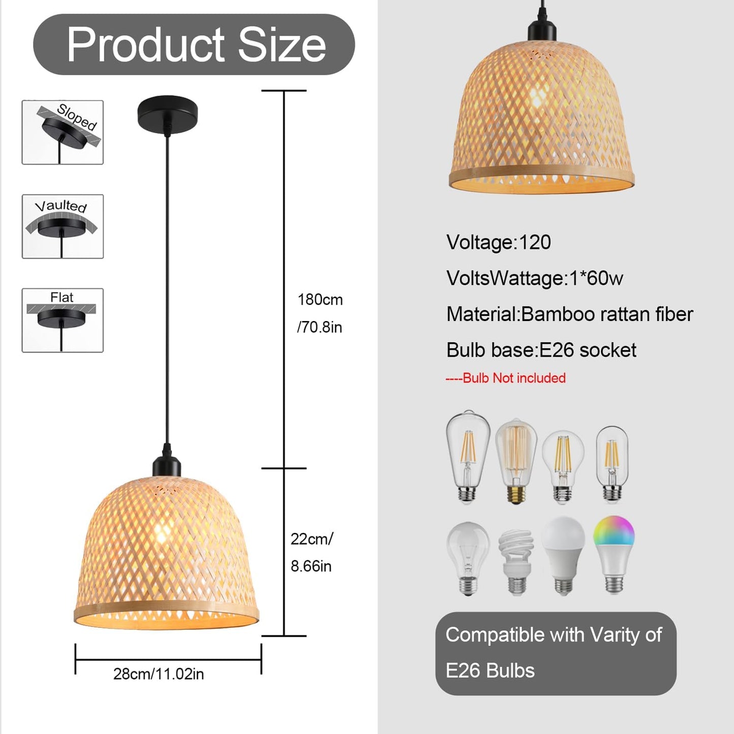 Lámpara colgante bambú ratán 11pulg pack 3 luces sala cocina